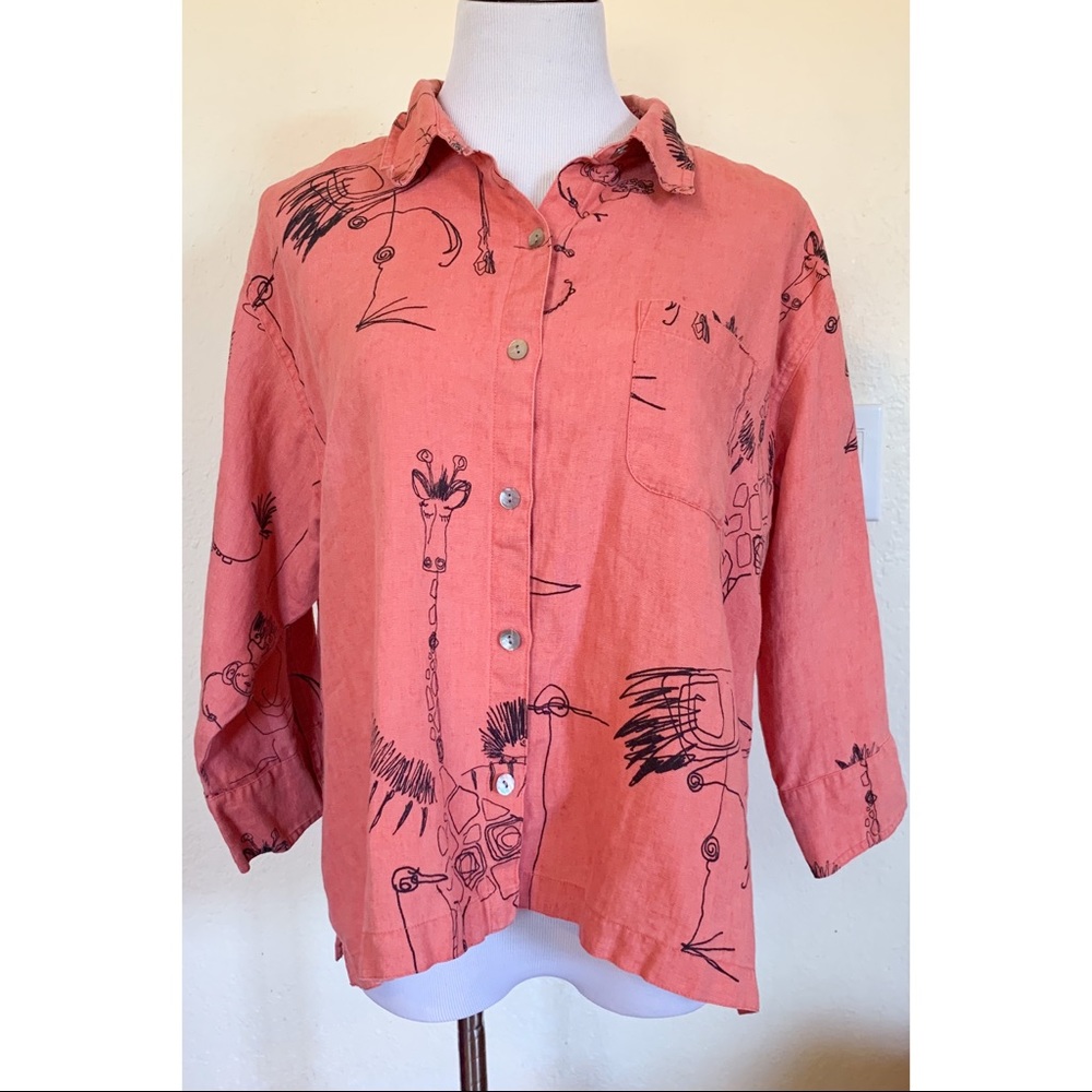 Chico’s Coral Linen Animal Sketch Blouse L 12